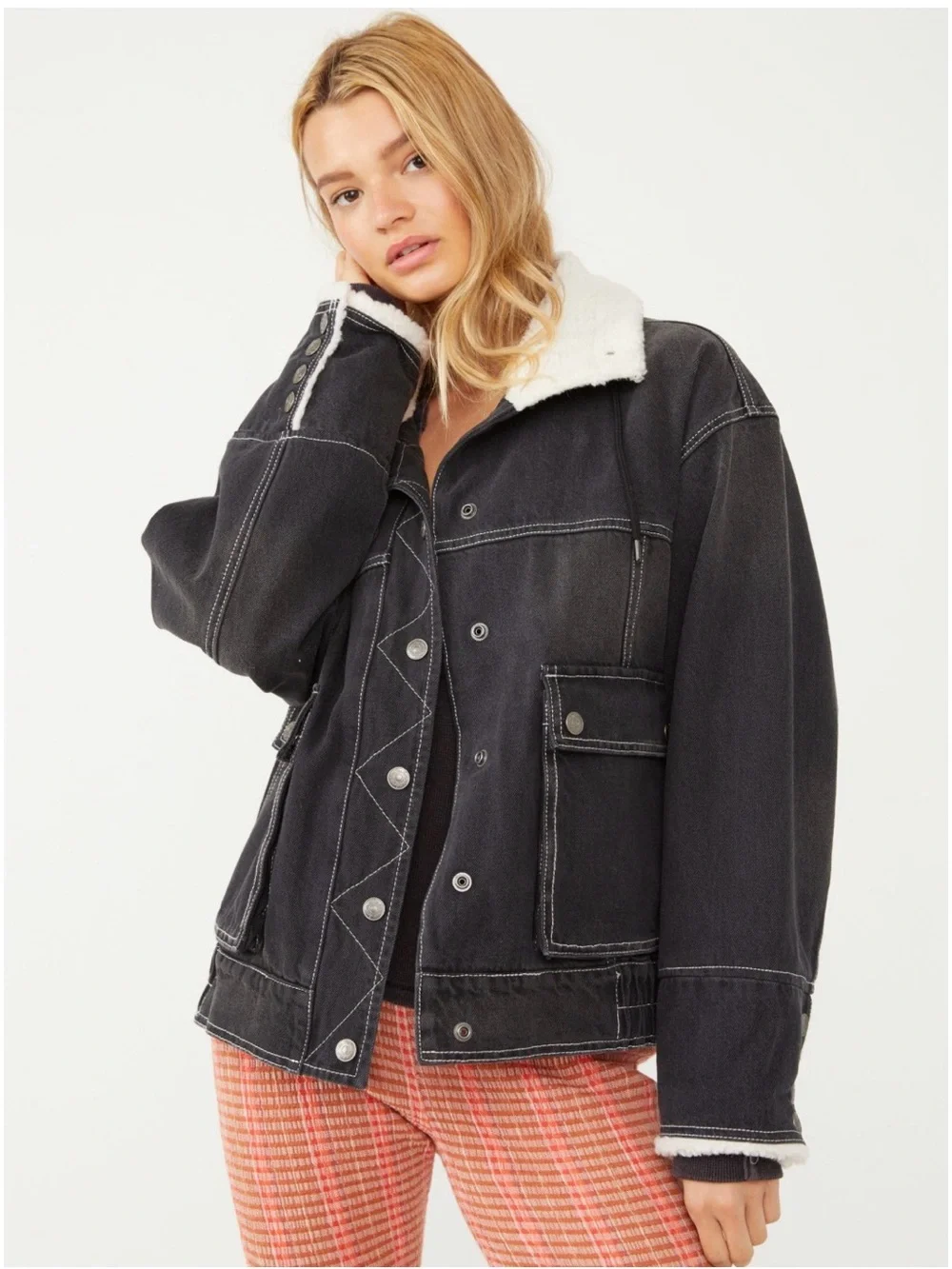 Free People Ariel Cozy Sherpa Accent Oversized Denim Bomber Jacket Washed Black